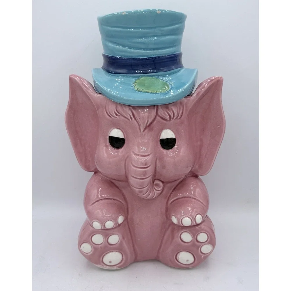 Vintage Pink Elephant Cookie‎ Jar Top Hat Ceramic Kitsch MCM 1950s Rare 12
